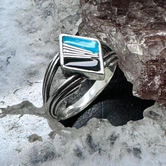 Carolyn Pollack Sterling Diamond Shape Turquoise & Onyx Inlay Ring For Women - Picture 3 of 10